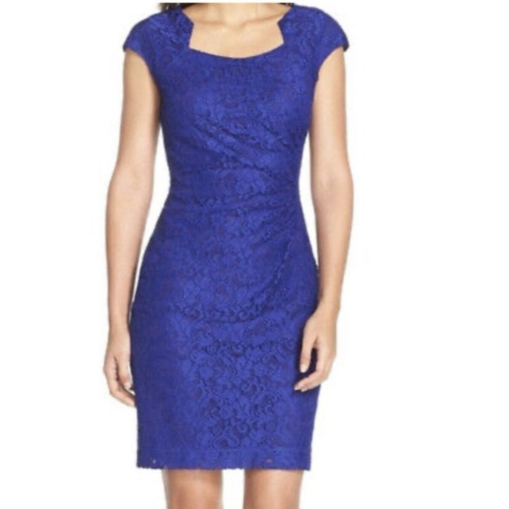 Tahari Levine Dress 12 Cobalt Blue Lace Stretch Lace Cap Sleeve Sweetheart Neck